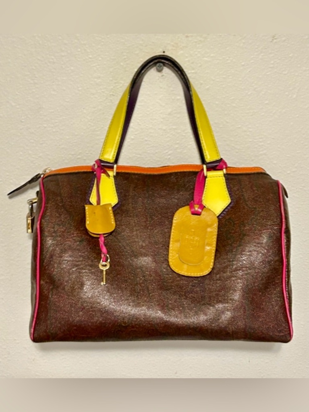 ETRO Paisley Multicolor Top Handle Boston Speedy Bag w/ Lock & Key + Luggage Tag